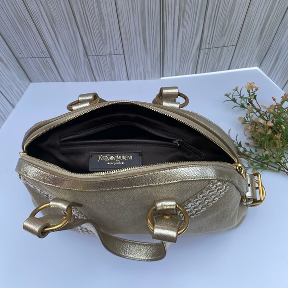 Yves Saint Laurent Muse Tan Canvas Leather Satchel Handbag Gold Tone Hardware - Picture 6 of 12